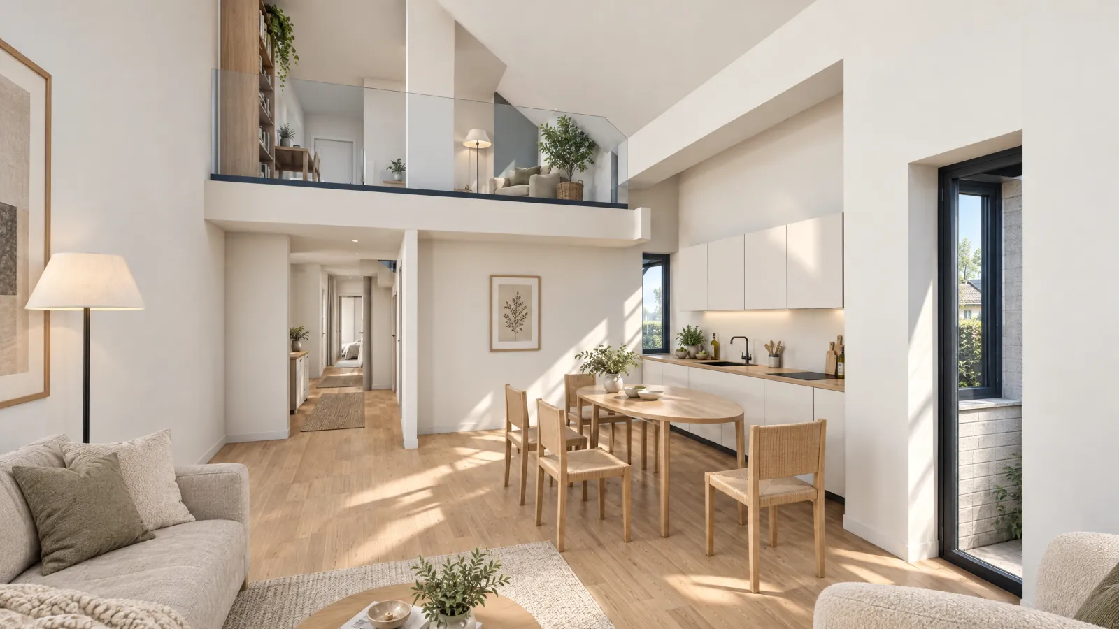 Salon A1 z kanapą i stołem, nad jadalnią antresola za szklaną balustradą